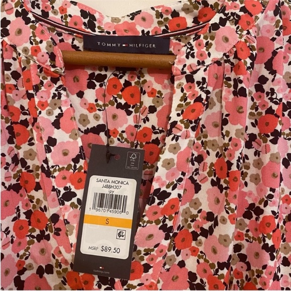NWT Tommy Hilfiger pink Floral long sleeve band collar tie waist Dress small - Picture 7 of 9